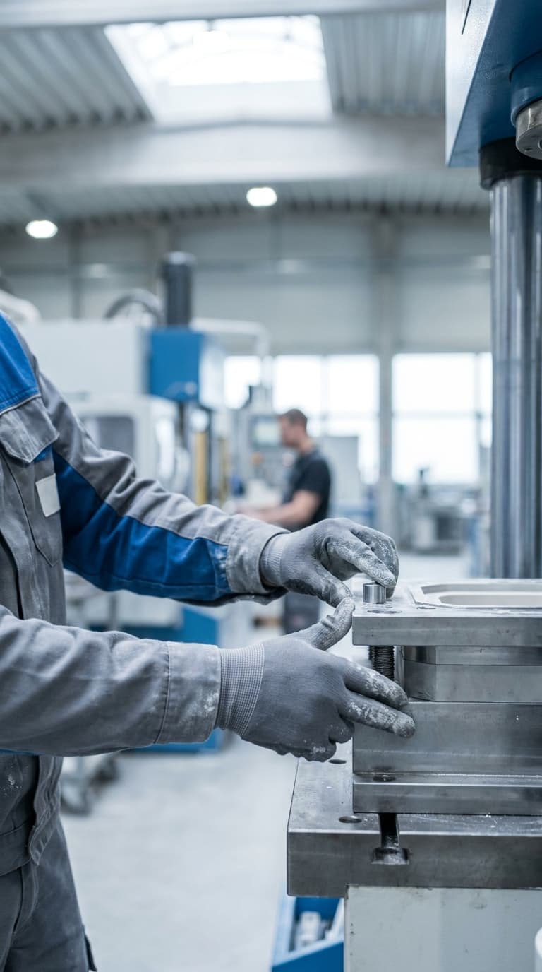 Ein Arbeiter mit Schutzhandschuhen richtet ein Metallwerkzeug an einer Presse in einer Werkhalle aus.