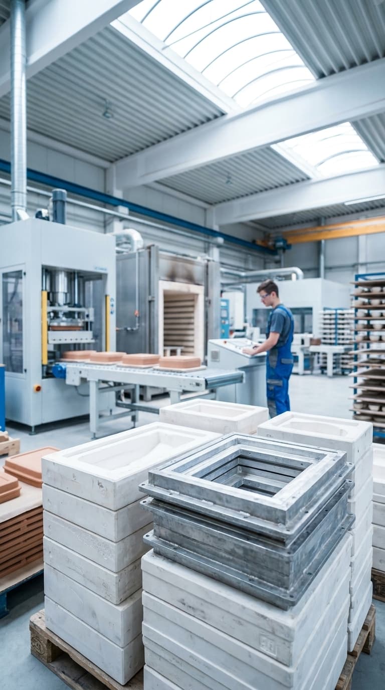 Arbeiter bedient Steuerpult in einer Fabrikhalle, im Vordergrund stapeln sich Gussformen auf Paletten.