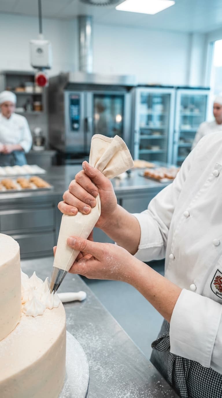 Eine Person in weißer Kochjacke dekoriert in einer Backstube eine Torte mit Creme aus einem Spritzbeutel.