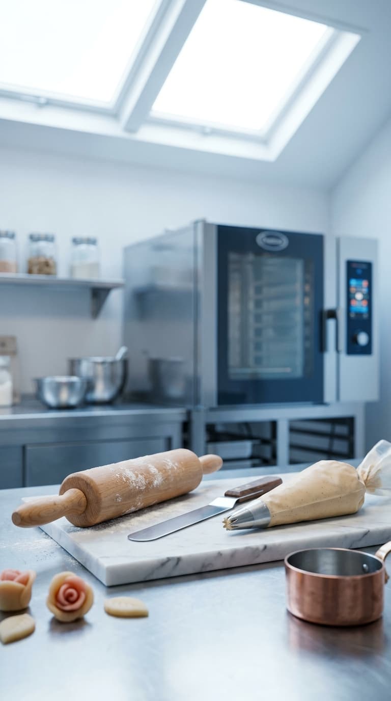 Nudelholz, Streichpalette und Spritzbeutel auf einer Marmorplatte in einer hellen Backstube vor einem Backofen.