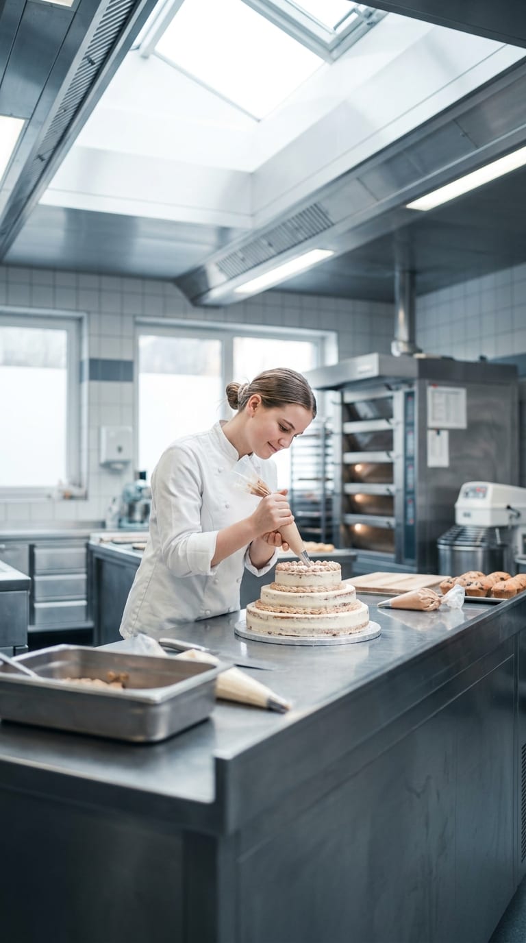 Konditorin in weißer Arbeitskleidung dekoriert mit einem Spritzbeutel eine dreistöckige Torte in einer Backstube.