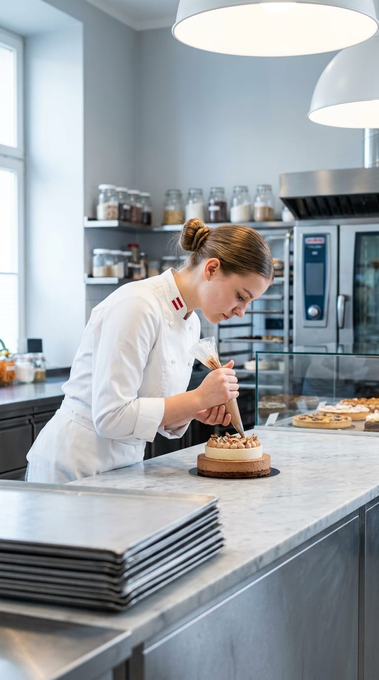 Eine Konditorin in weißer Kochjacke dekoriert in einer Backstube eine Torte mit einer Spritztüte.