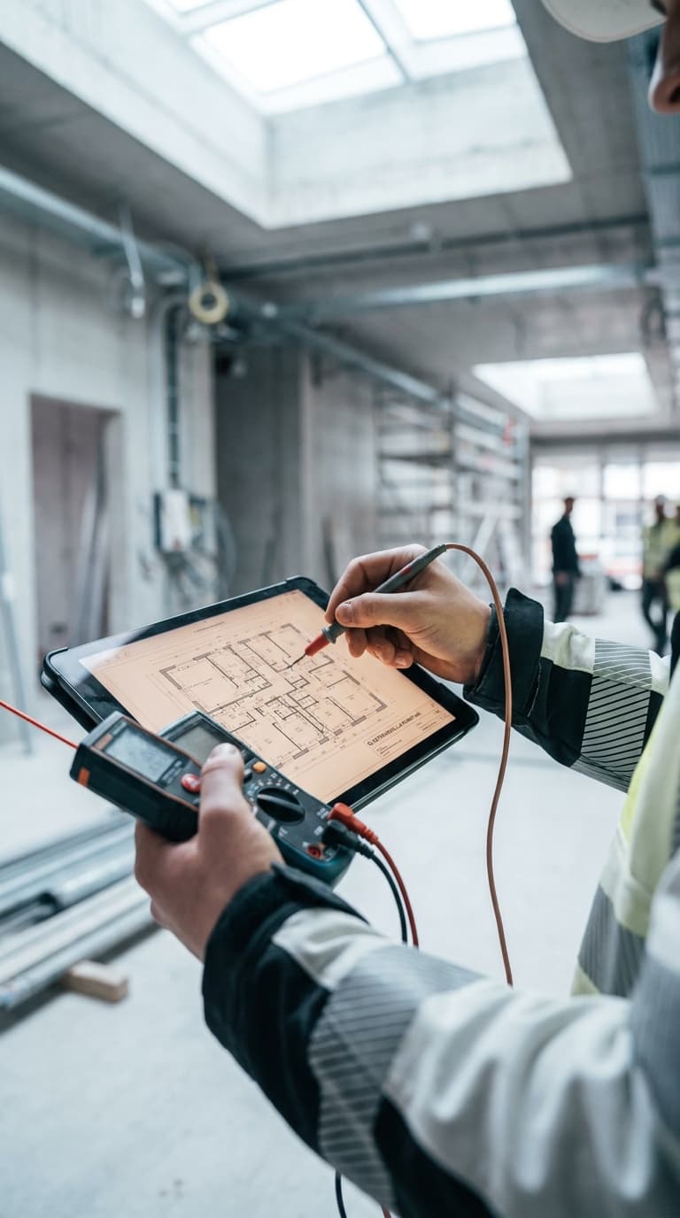 Elektriker auf einer Baustelle hält ein Multimeter und tippt mit der Prüfspitze auf ein Tablet mit Grundriss.