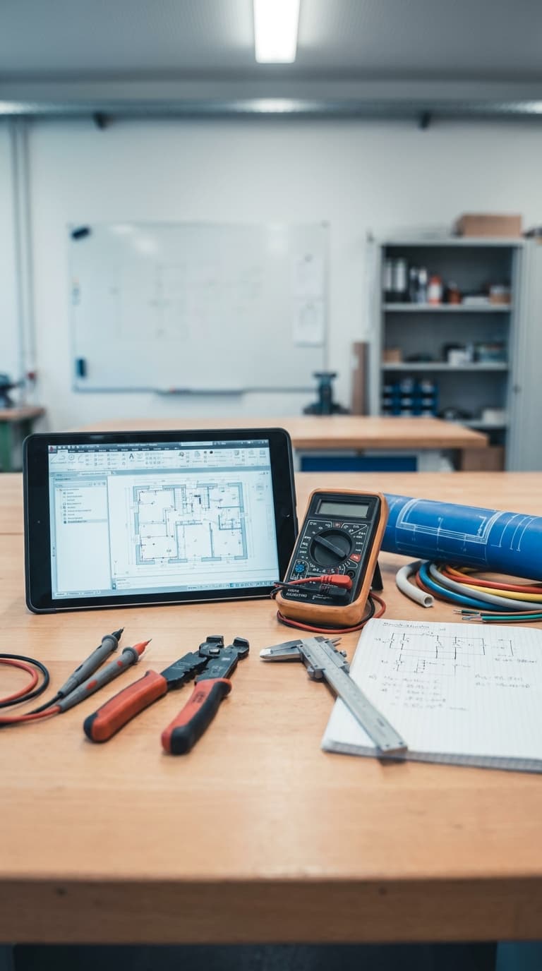 Auf dem Werkstatttisch liegen ein Tablet mit Grundriss, ein Multimeter, Messschieber, Abisolierzange und Kabel.