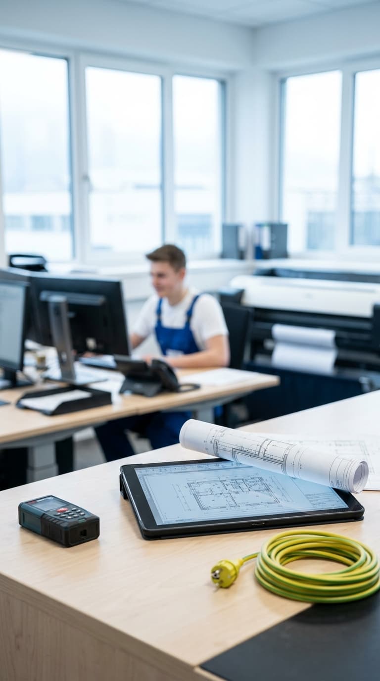 Lehrling im Blaumann arbeitet am Computer; im Vordergrund liegen Baupläne, Lasermessgerät und Kabel auf dem Tisch.