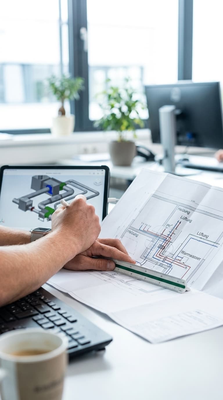 Ein technischer Zeichner arbeitet mit Dreikantmaßstab auf einem Bauplan und Stylus am Tablet mit 3D-Modell.