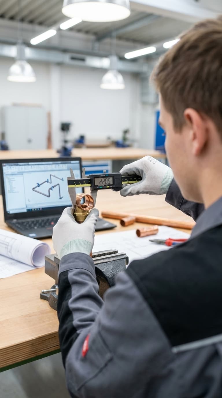Ein Handwerker misst ein Kupferfitting mit einem digitalen Messschieber an einer Werkbank.