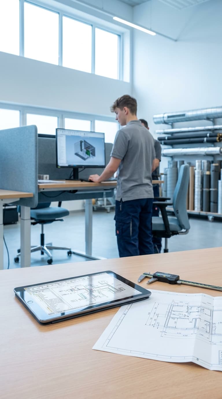 Ein technischer Systemplaner arbeitet am PC; im Vordergrund liegen Baupläne, ein Tablet und ein digitaler Messschieber.