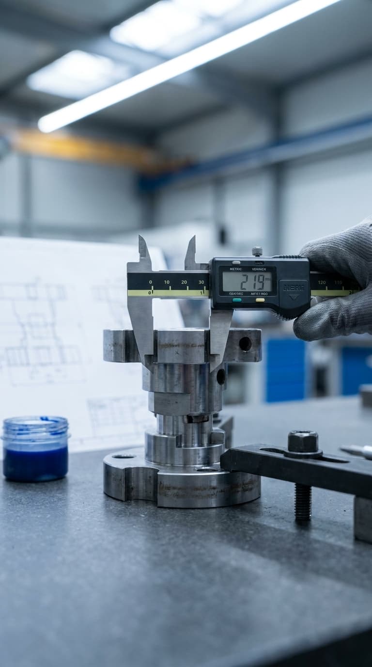 Eine Hand im Arbeitshandschuh misst ein Metallbauteil mit einem digitalen Messschieber in einer Werkstatt.
