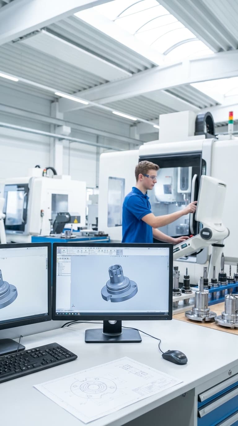 Zerspanungsmechaniker bedient eine CNC-Maschine; im Vordergrund zeigen Monitore CAD-Modelle.