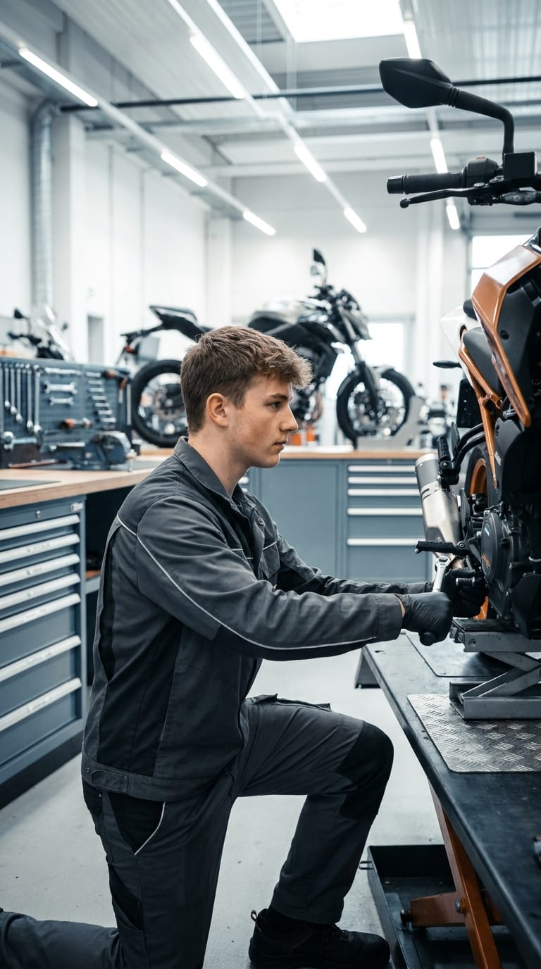 Ein Zweiradmechatroniker schraubt kniend mit einer Ratsche an einem Motorrad in einer Werkstatt.
