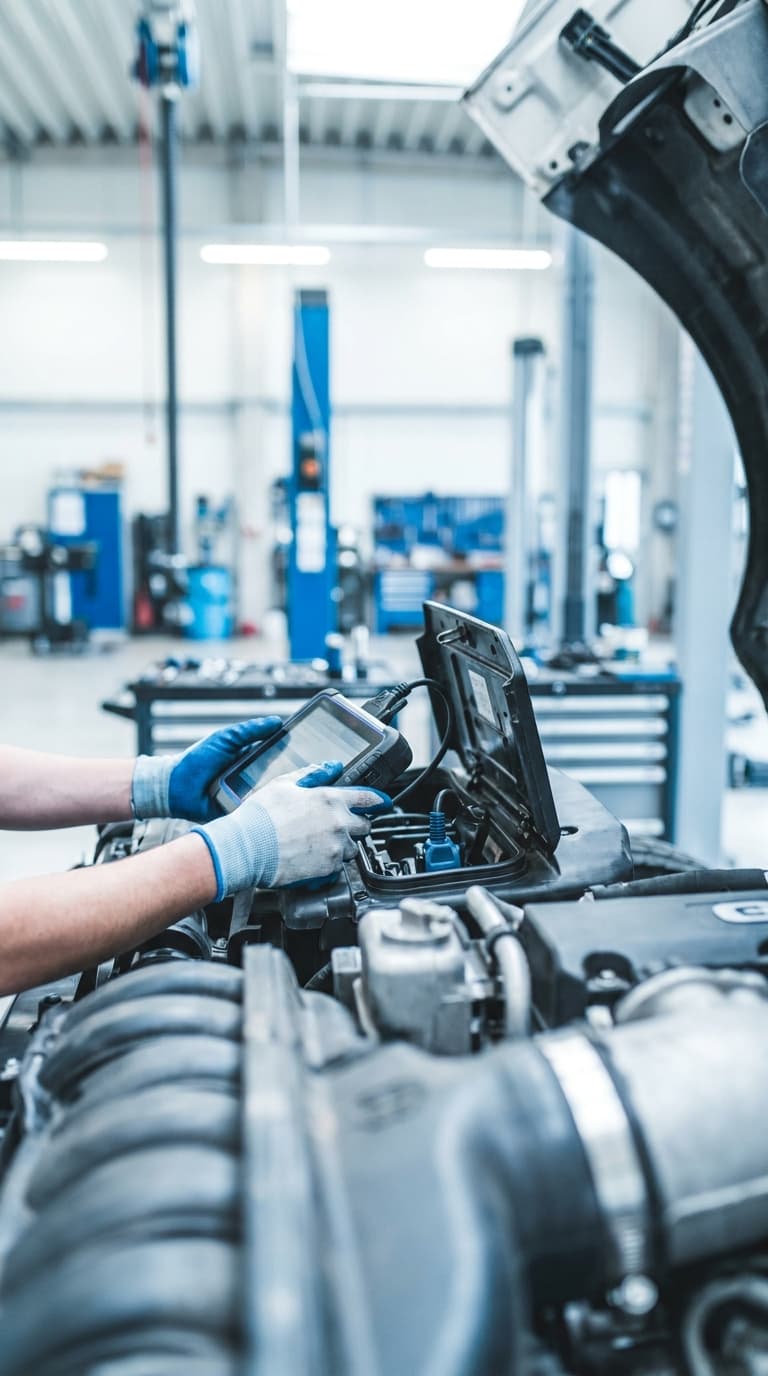 Hände eines KFZ-Mechatronikers bedienen ein Diagnosegerät am geöffneten Motor in einer Autowerkstatt.