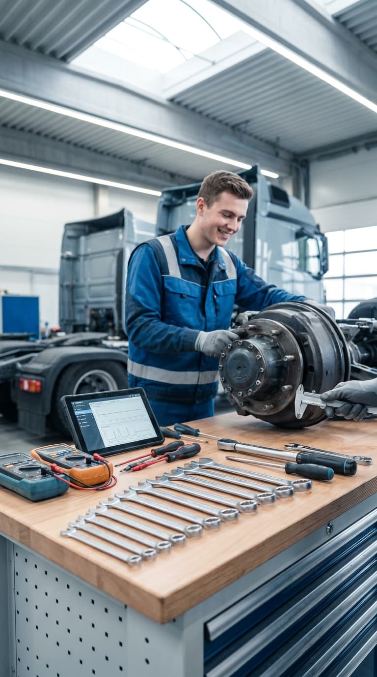 Ein Kfz-Mechatroniker arbeitet an einer Lkw-Radnabe auf einer Werkbank mit viel Werkzeug und Diagnosetablet.