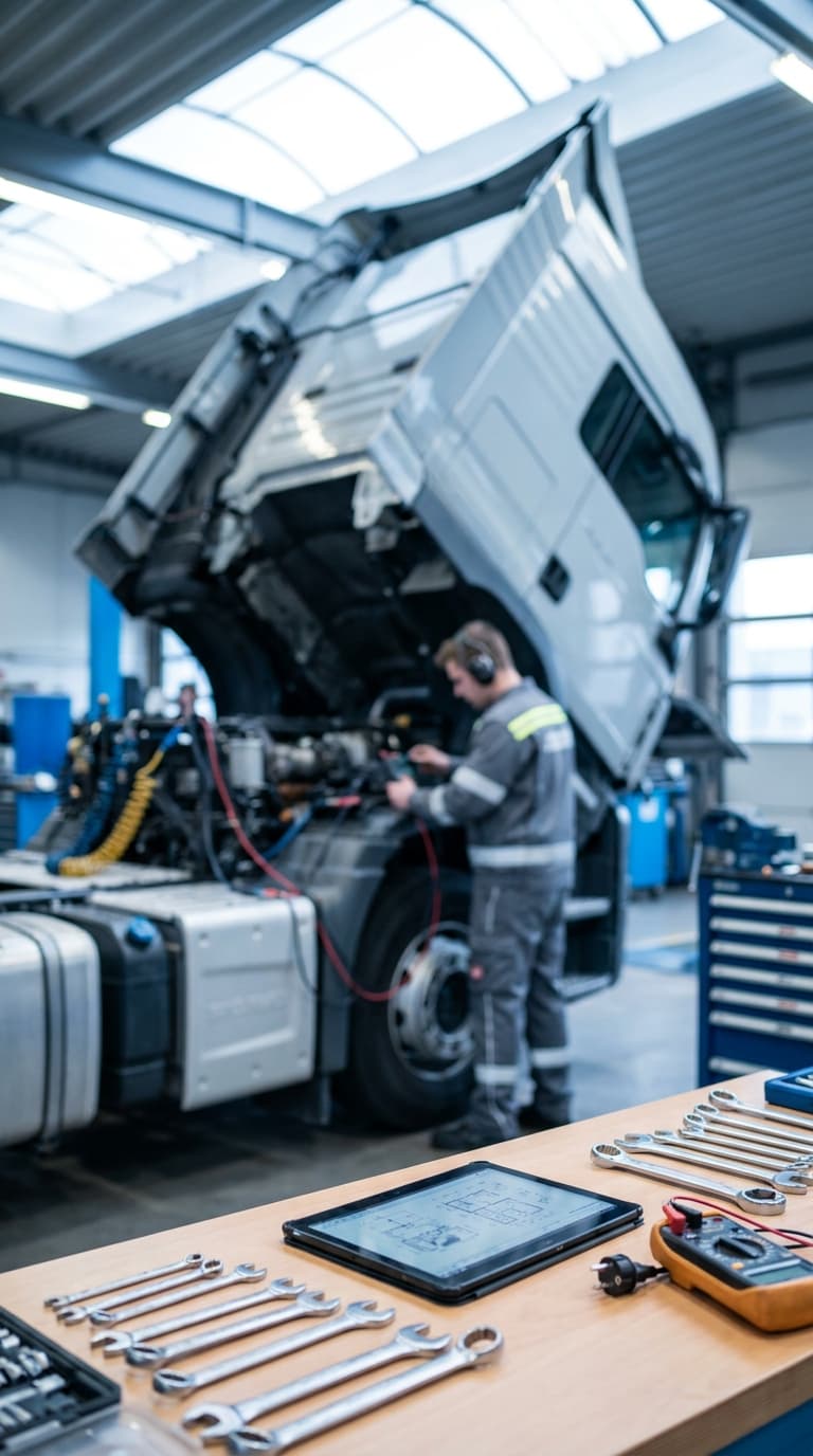 Kfz-Mechatroniker arbeitet an einem Lkw mit gekipptem Führerhaus in einer Werkstatt, im Vordergrund liegt Werkzeug.
