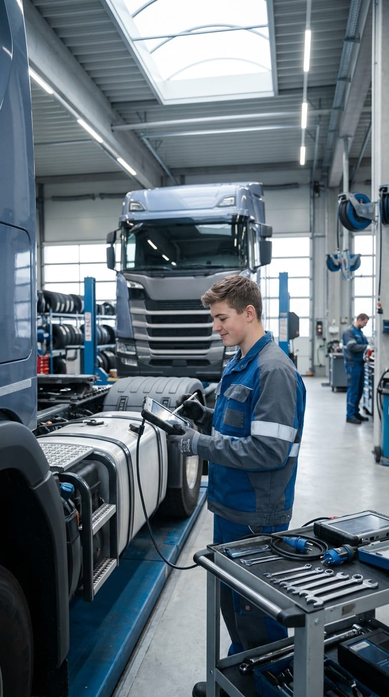 Ein junger Kfz-Mechatroniker bedient ein Diagnosegerät an einem Lkw in einer Werkstatt.