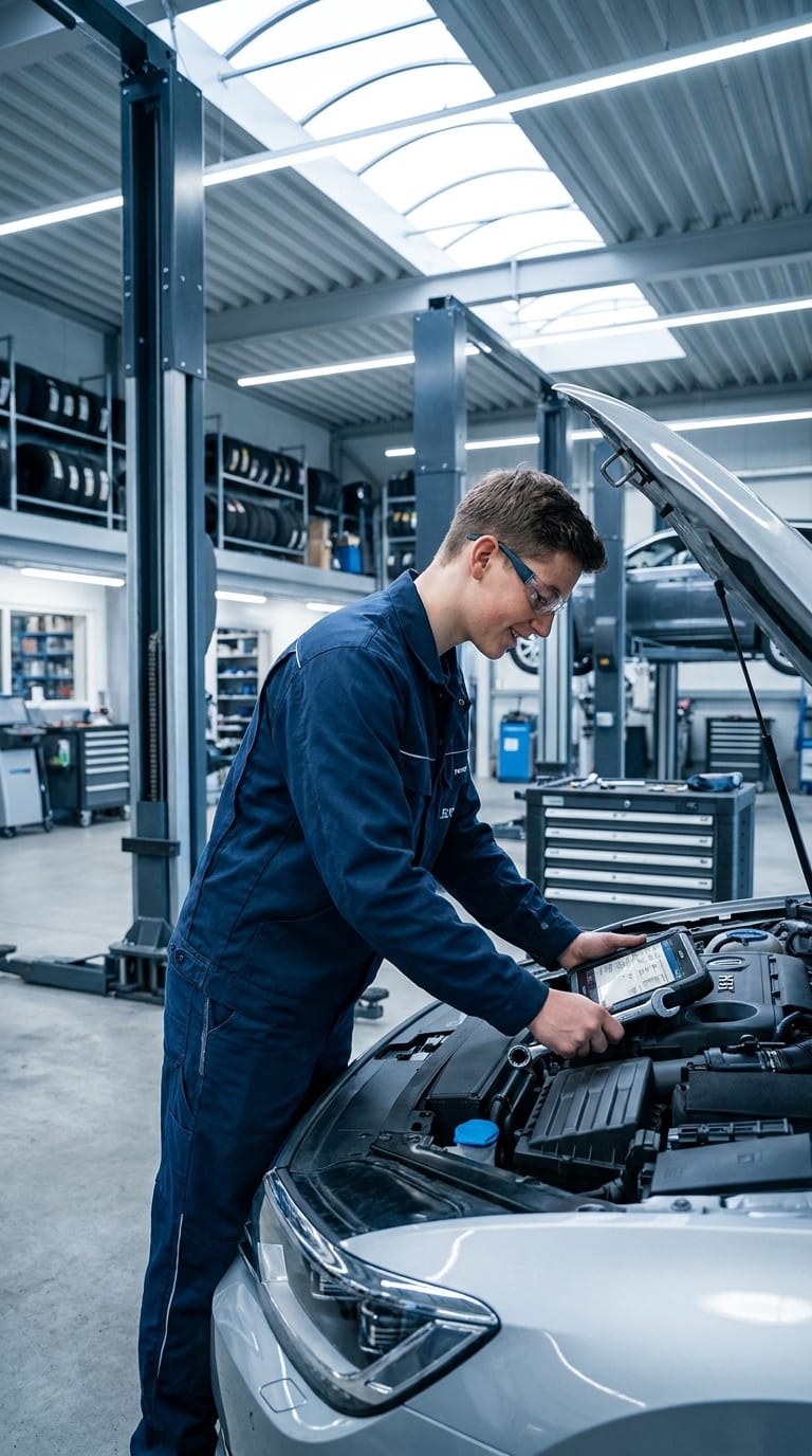 Ein Lehrling in der Kfz-Werkstatt prüft mit einem Diagnosegerät den geöffneten Motorraum eines Autos.