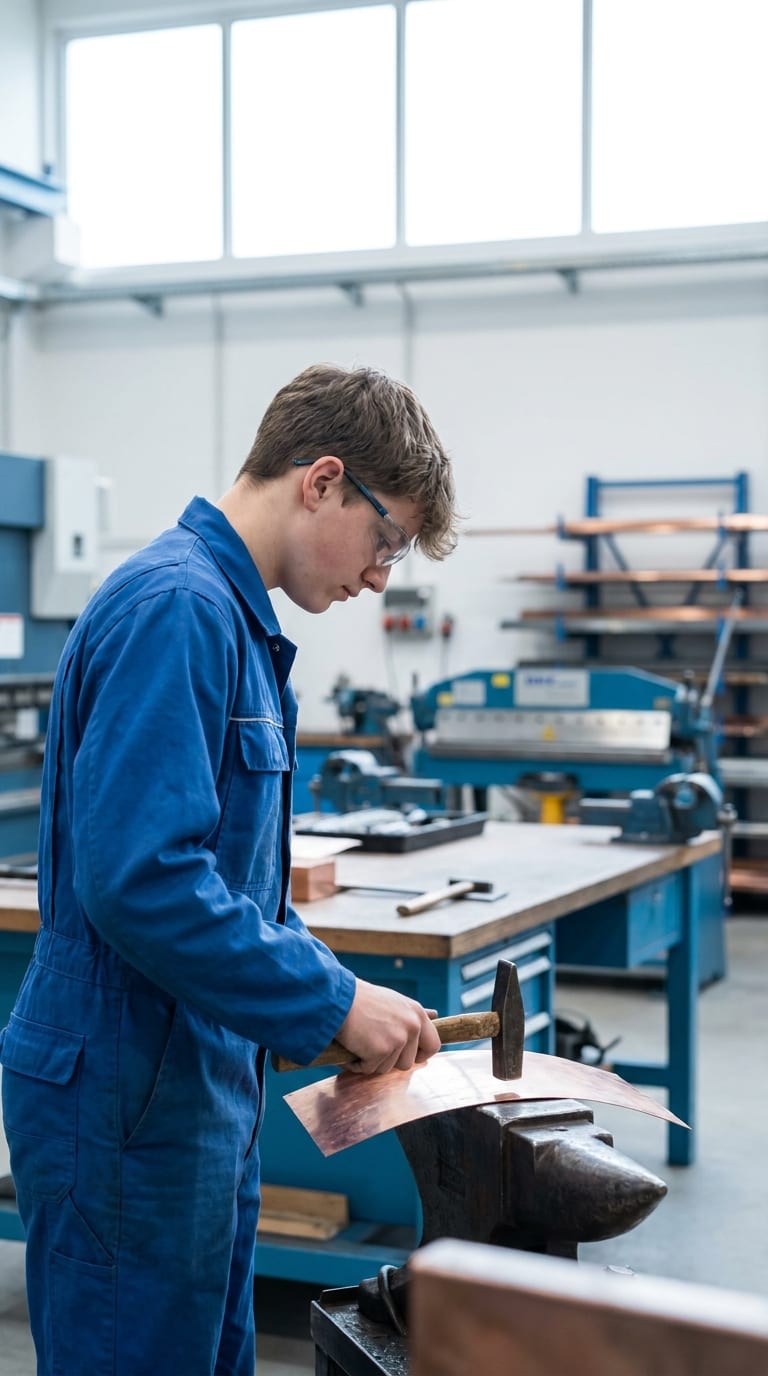 Lehrling im blauen Overall bearbeitet ein Kupferblech mit einem Hammer auf einem Amboss in einer Werkstatt.
