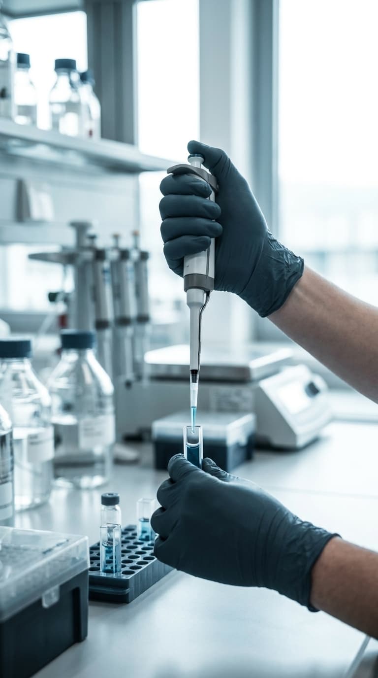 Eine Laborfachkraft pipettiert im Labor blaue Flüssigkeit in eine Küvette.