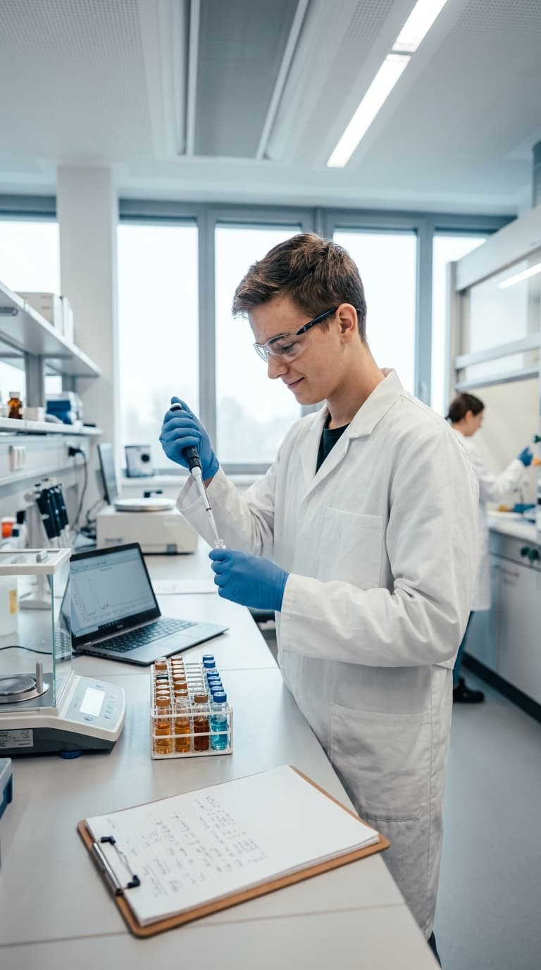 Ein Laborant mit Schutzbrille und Handschuhen überträgt mit einer Pipette Flüssigkeit in ein Probenfläschchen.