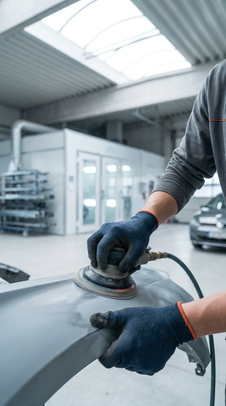 Fahrzeuglackierer schleift eine Stoßstange mit einem Exzenterschleifer in einer Werkstatt.