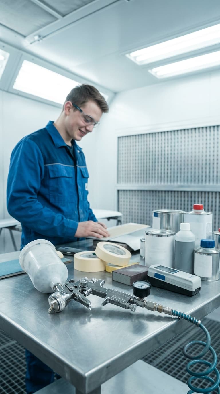 Ein Lackierer arbeitet in einer Werkstatt an einem Metalltisch mit Lackierpistole und Farbdosen im Vordergrund.