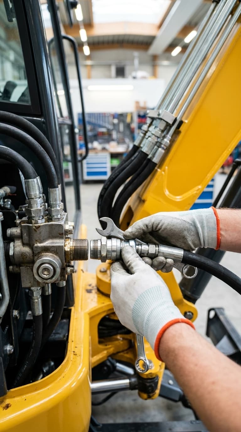 Hände in Arbeitshandschuhen montieren mit Schraubenschlüsseln einen Hydraulikschlauch an einen Bagger.