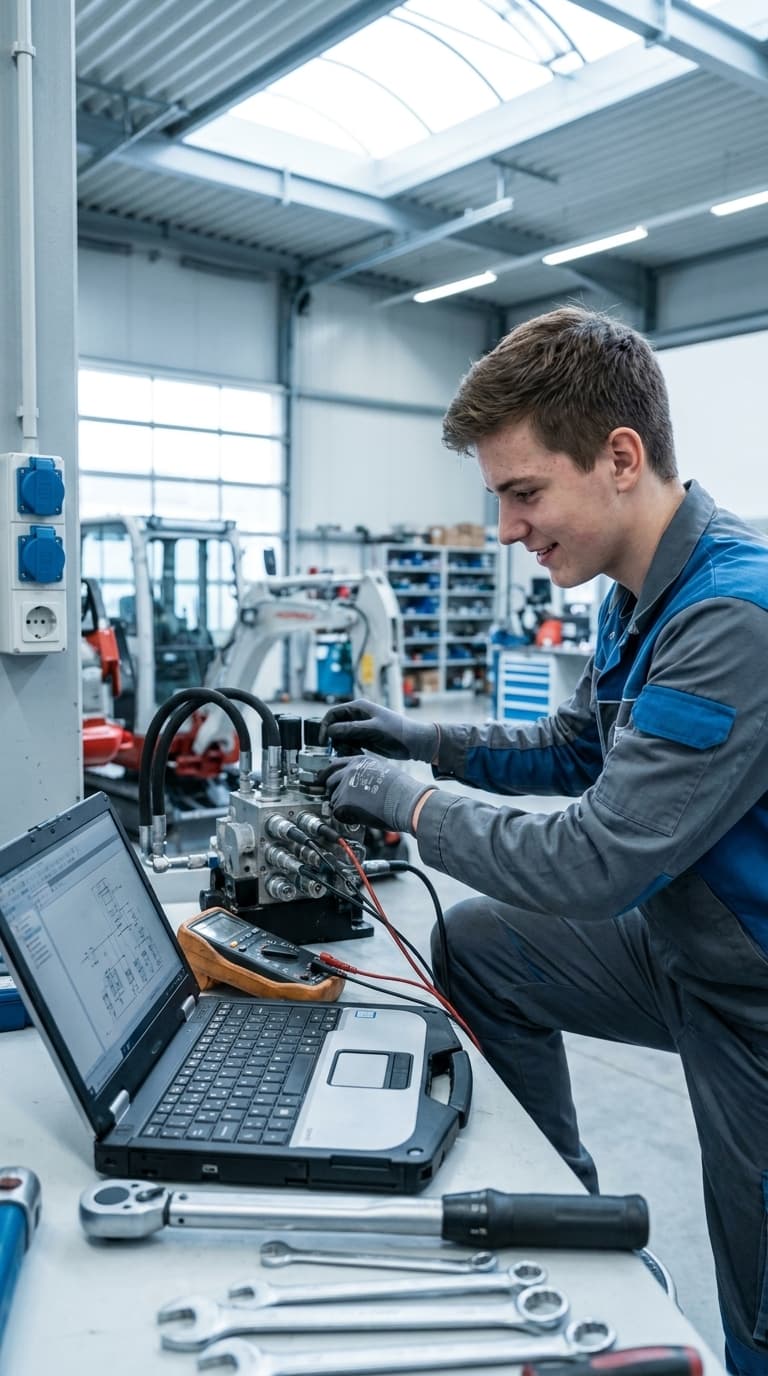 Ein Lehrling prüft eine Hydrauliksteuerung mit Laptop und Multimeter in einer Werkstatt.