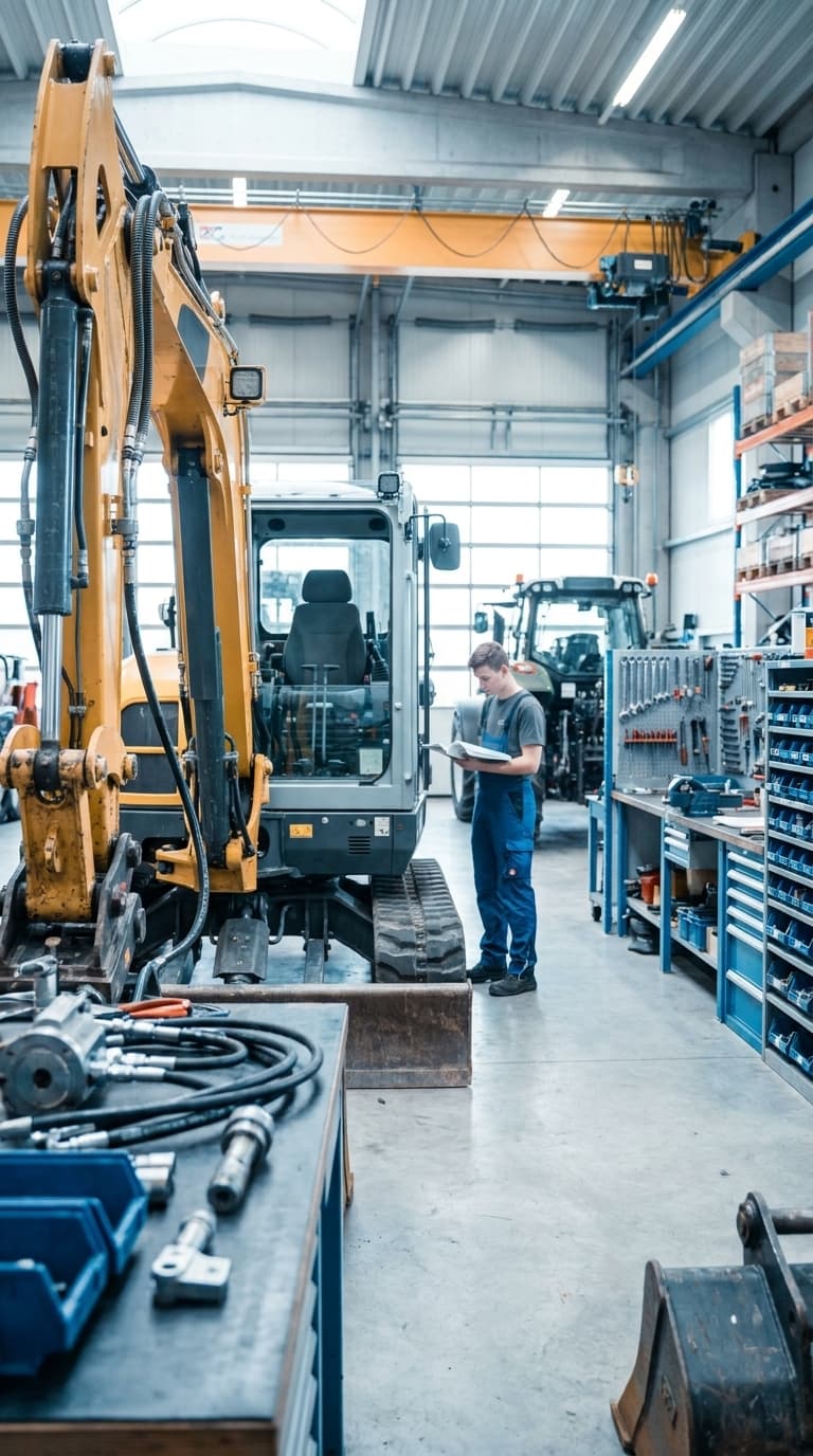 Ein Lehrling in Arbeitskleidung liest in einer Werkstatt ein Handbuch neben einem gelben Bagger.