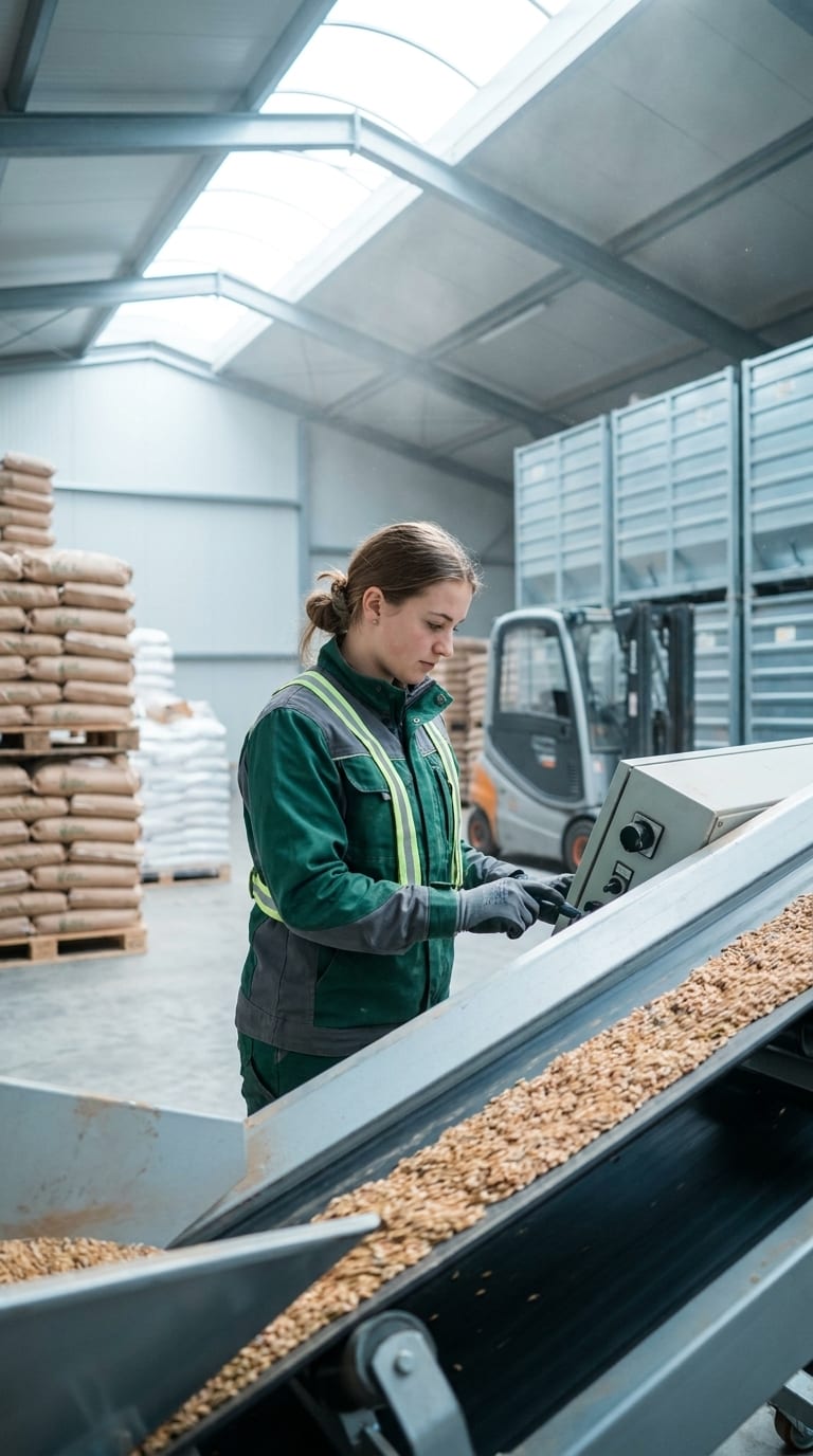 Eine Arbeiterin bedient die Steuerung einer Getreideförderanlage in einer Lagerhalle.
