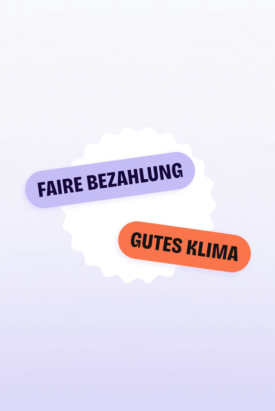 Lila Sticker „FAIRE BEZAHLUNG“ und orangefarbener Sticker „GUTES KLIMA“ auf einem weißen, gezackten Kreis.