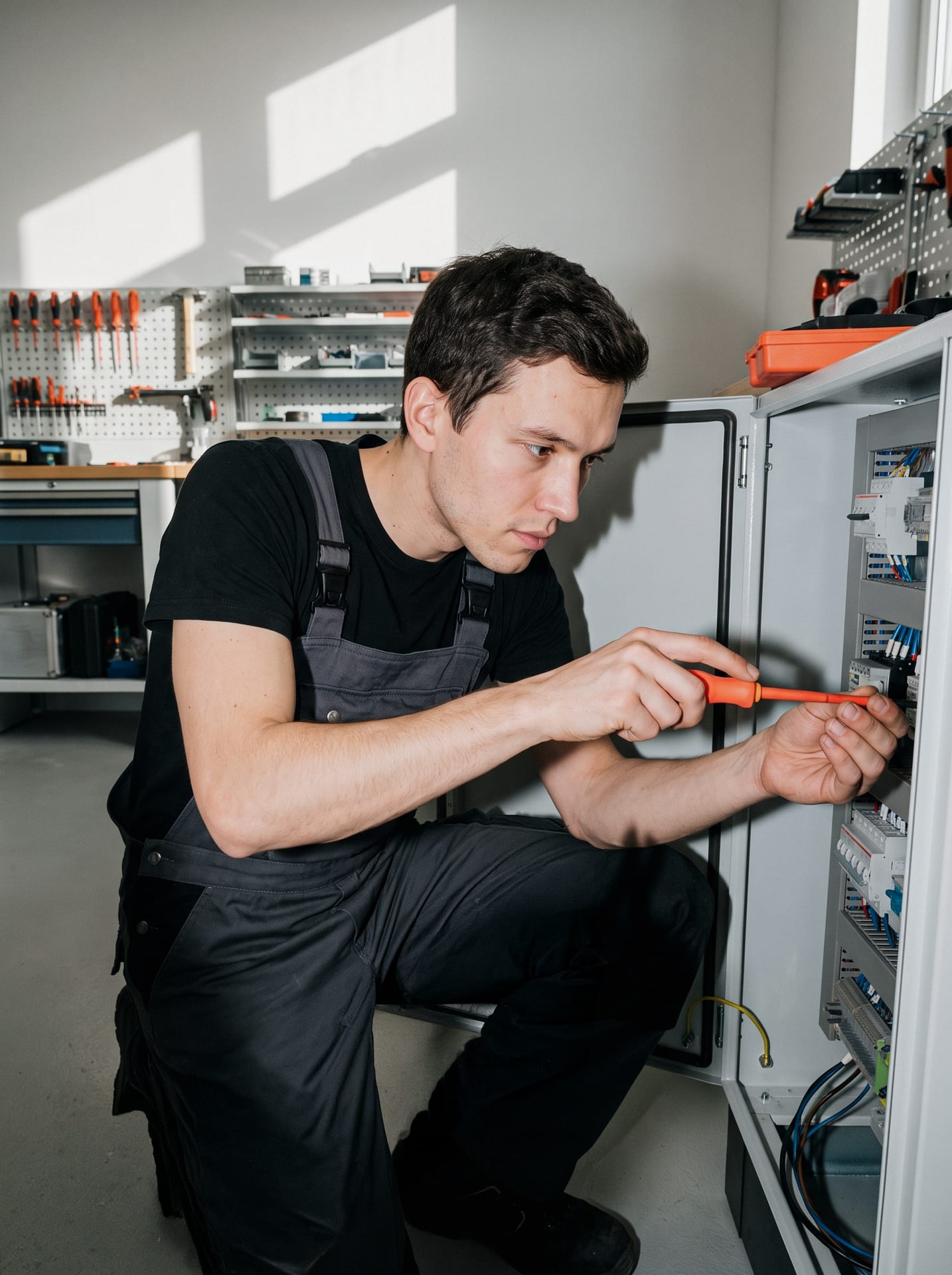 Ein Lehrling in Latzhose arbeitet mit einem Schraubenzieher an einem geöffneten Schaltschrank in einer Werkstatt.