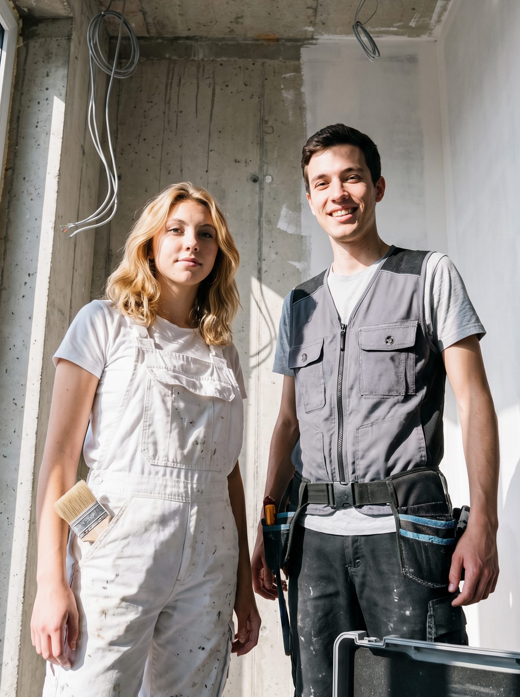 Eine Malerin mit Pinsel und ein Handwerker mit Werkzeuggürtel stehen lächelnd auf einer Baustelle.