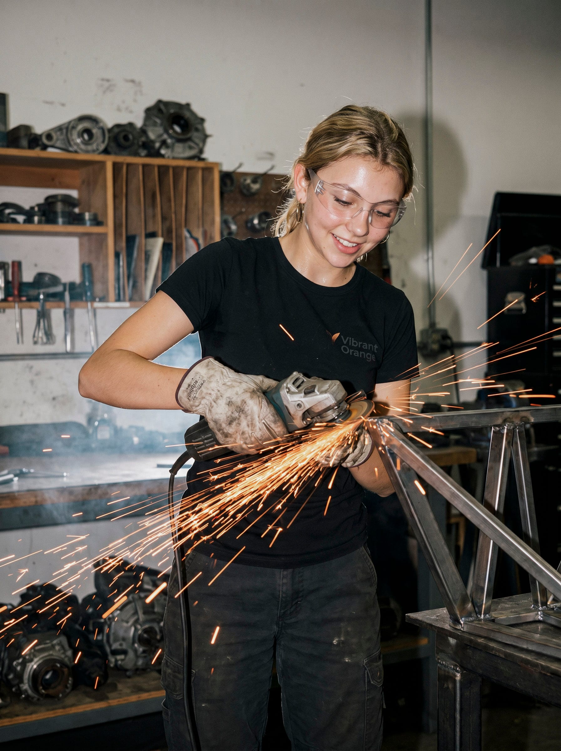 Eine junge Frau arbeitet mit einem Winkelschleifer an einem Metallgestell in einer Werkstatt unter starkem Funkenflug.