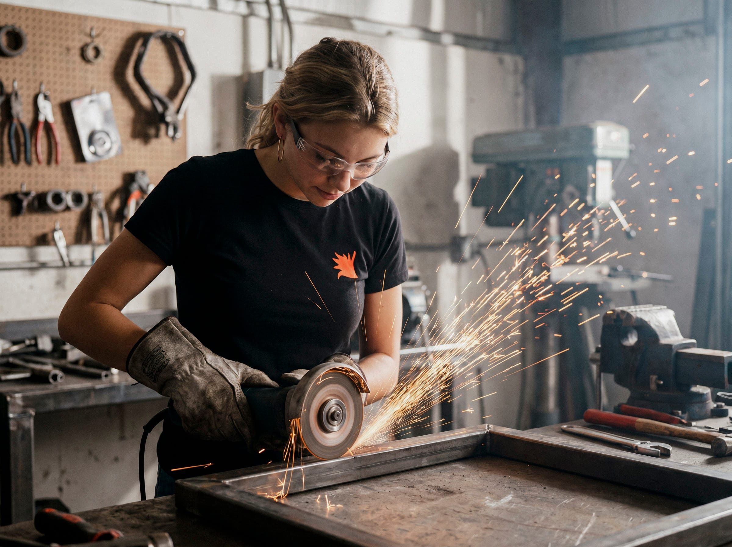 Eine Metallbauerin schleift einen Metallrahmen mit einem Winkelschleifer in einer Werkstatt.