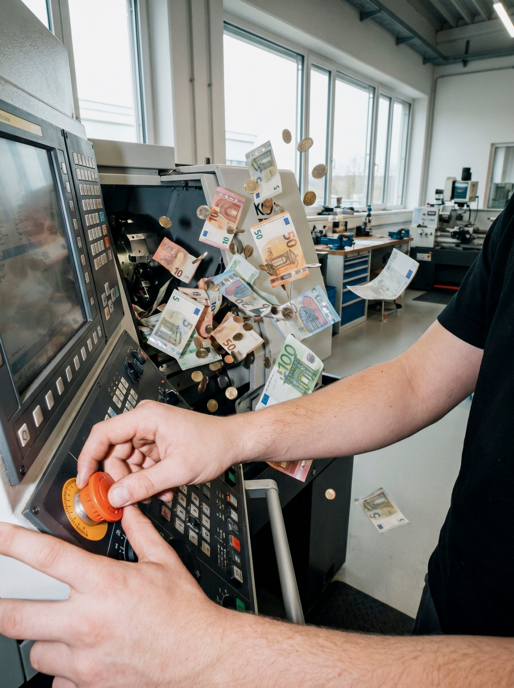 Ein Arbeiter bedient das Bedienfeld einer CNC-Maschine, aus der Geldscheine und Münzen fliegen.