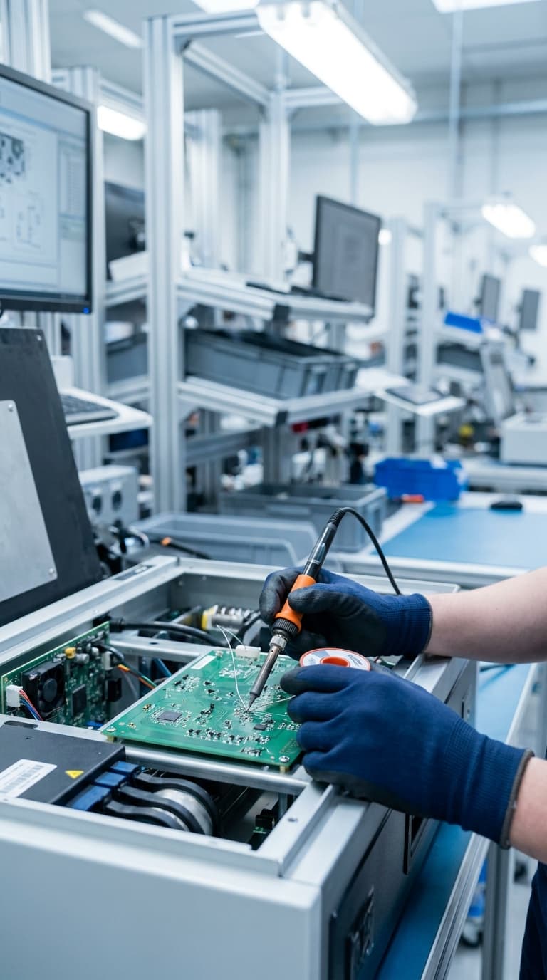 Eine Person mit blauen Handschuhen lötet eine Platine mit einem Lötkolben in einer Elektronikwerkstatt.