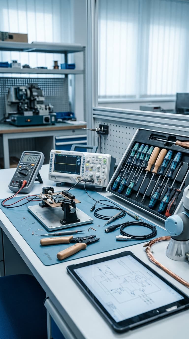 Elektronik-Arbeitsplatz mit Platine, Oszilloskop, Multimeter, Werkzeugen und einem Tablet mit Schaltplan.