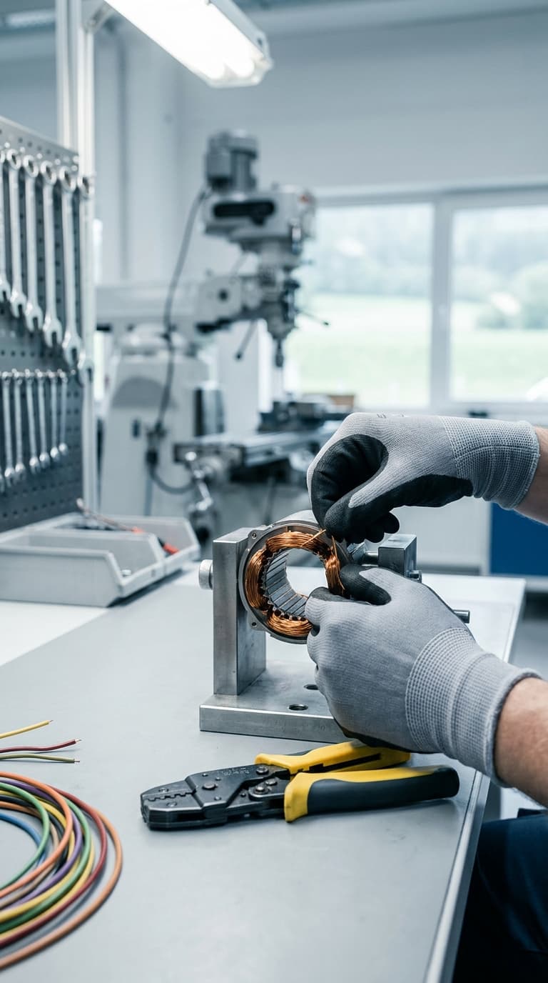 Hände in Schutzhandschuhen verdrahten die Kupferspule eines Elektromotors auf einer Werkbank.