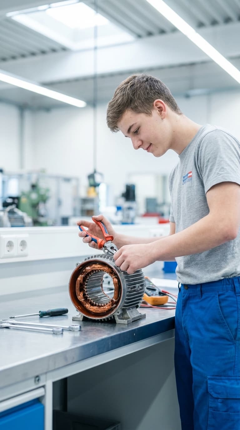 Ein Lehrling arbeitet mit einer Zange an den Kupferwicklungen eines Elektromotors in einer Werkstatt.
