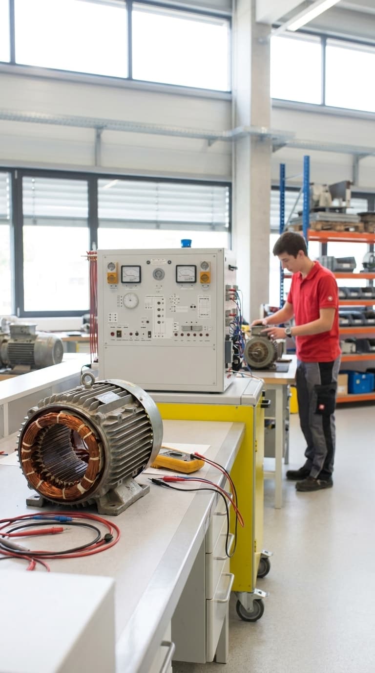 Ein Lehrling prüft in einer Werkstatt einen Elektromotor; im Vordergrund steht ein geöffneter Stator.