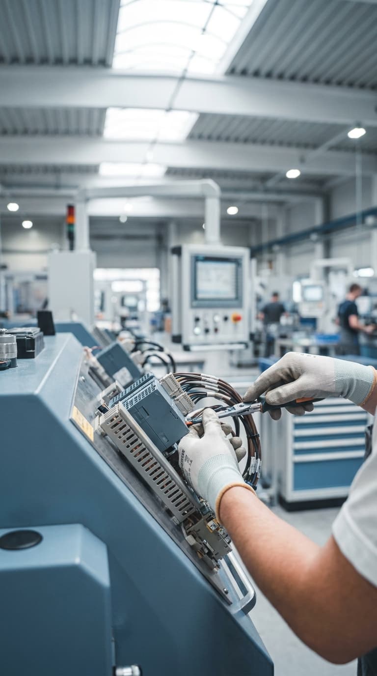 Eine Fachkraft verdrahtet mit einer Zange eine Steuereinheit in einer Fabrikhalle.
