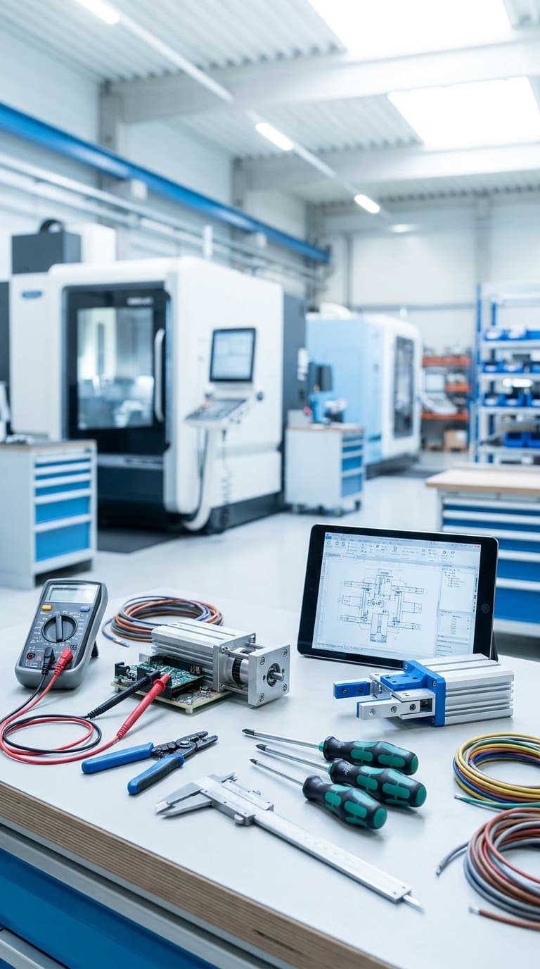 Messgeräte, Werkzeuge und ein Tablet mit CAD-Zeichnung auf einem Arbeitstisch in einer CNC-Maschinenhalle.