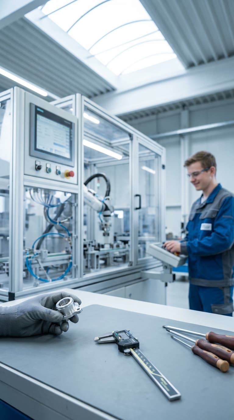 Ein Lehrling bedient eine Roboterzelle, im Vordergrund liegen ein Metallwerkstück, Messschieber und Schraubendreher.