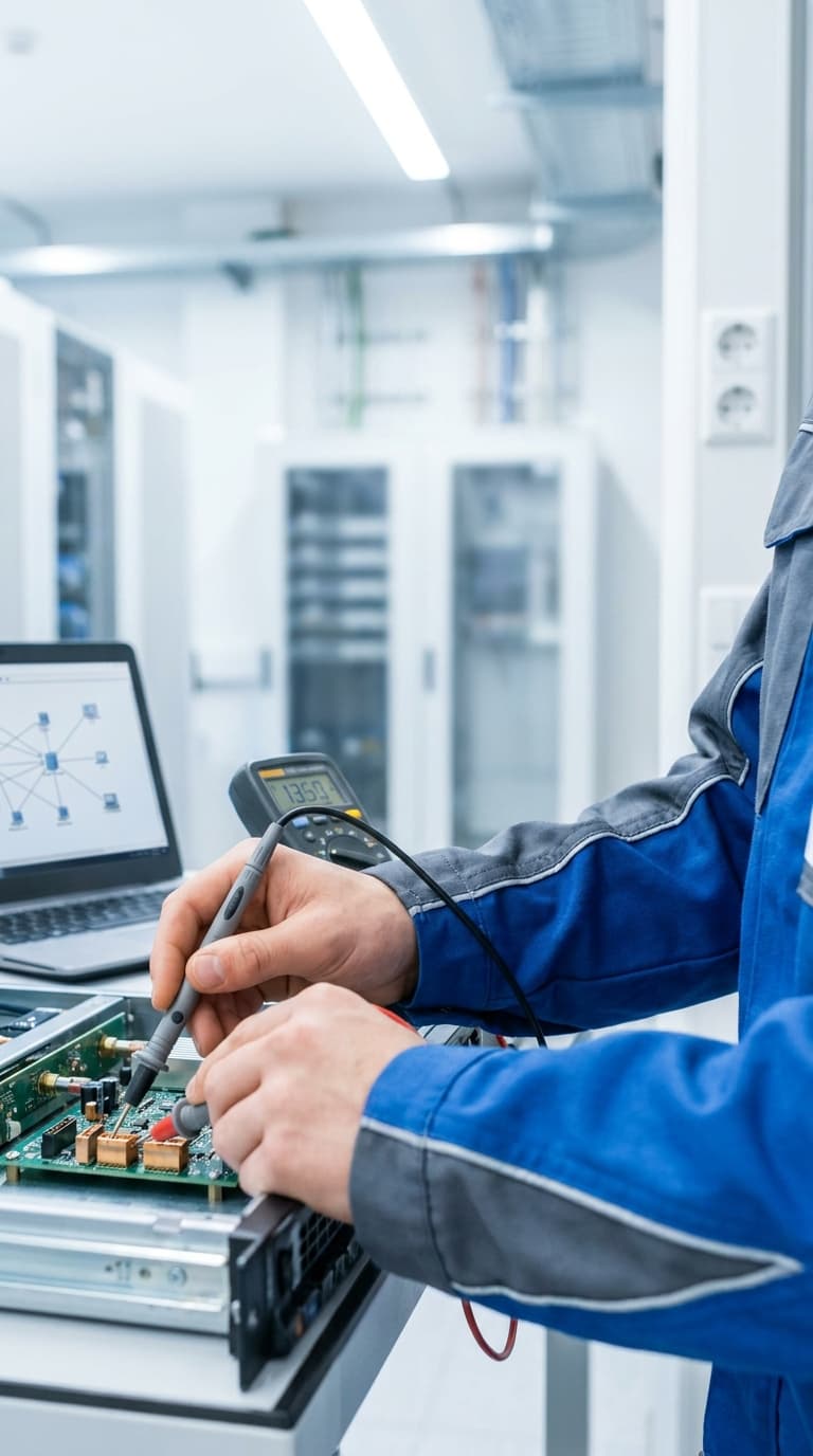Ein Elektroniker misst mit einem Multimeter Bauteile auf einer Platine im Serverraum.
