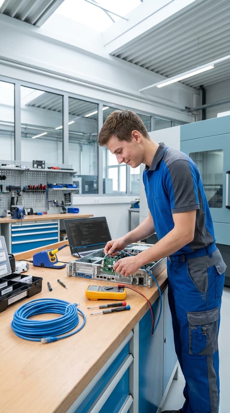 Ein Elektronikerlehrling verkabelt eine Platine in einem geöffneten Server an einer Werkbank.