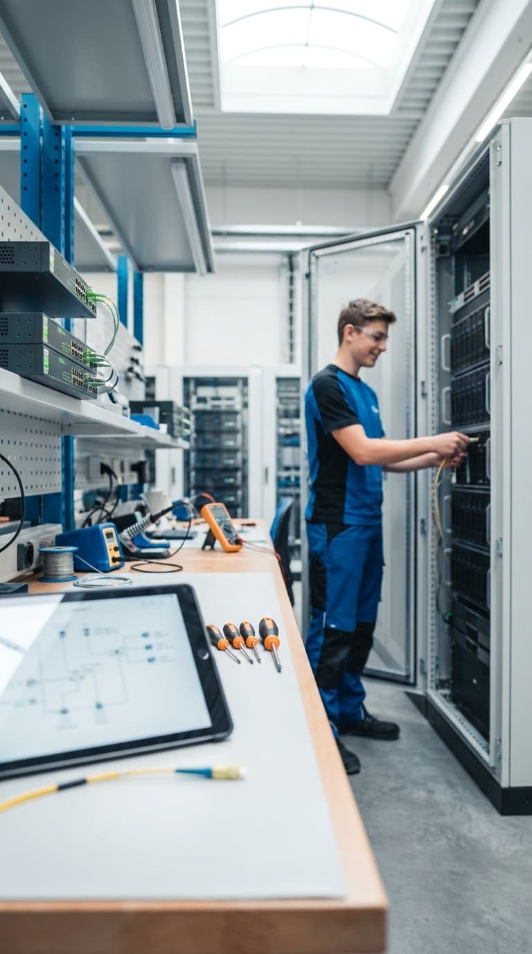 Ein Lehrling in Arbeitskleidung verkabelt einen geöffneten Serverschrank in einer IT-Werkstatt.