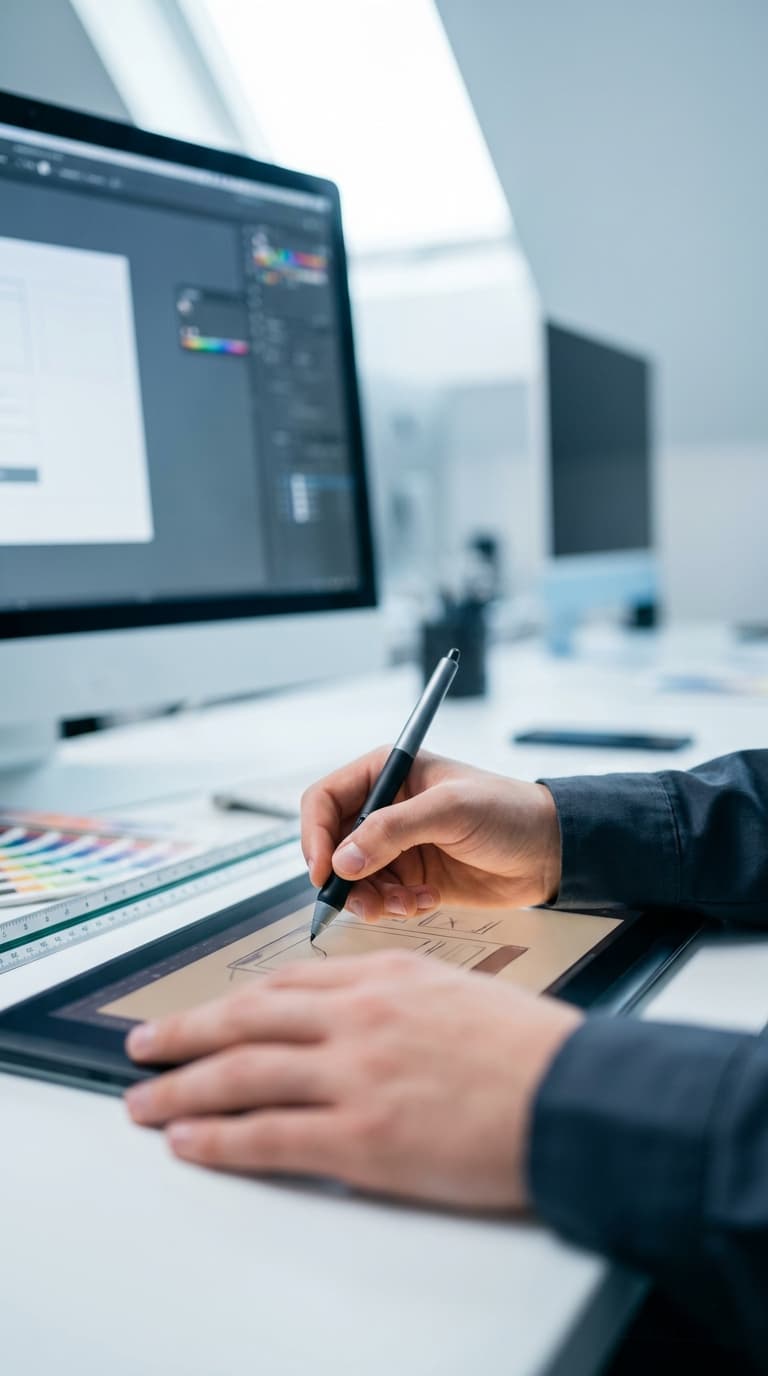 Ein Grafikdesigner zeichnet mit einem Stylus auf einem Grafiktablett vor einem Computerbildschirm.