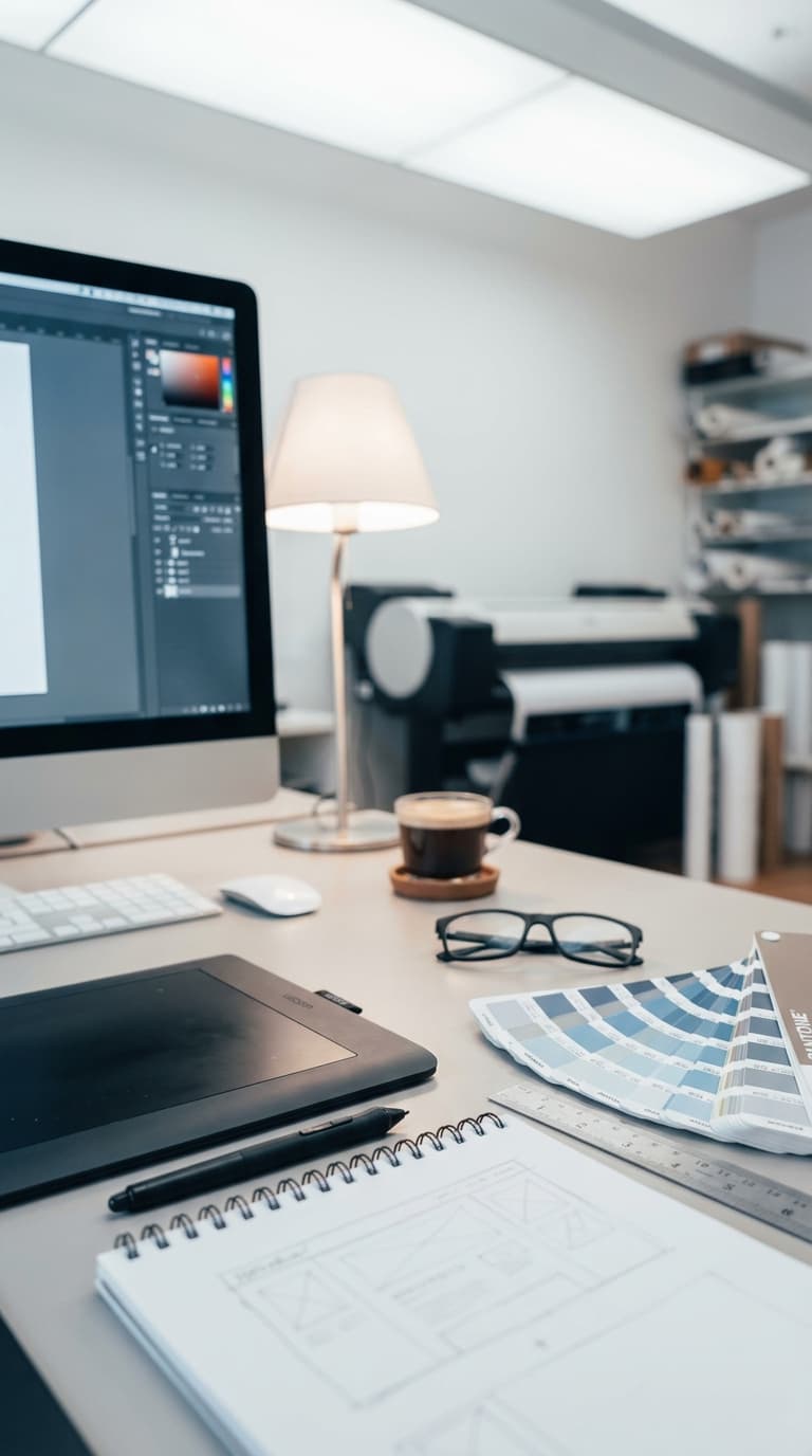 Schreibtisch im Mediendesign mit Grafiktablett, Farbfächern, Skizzenblock, Brille und Computerbildschirm.