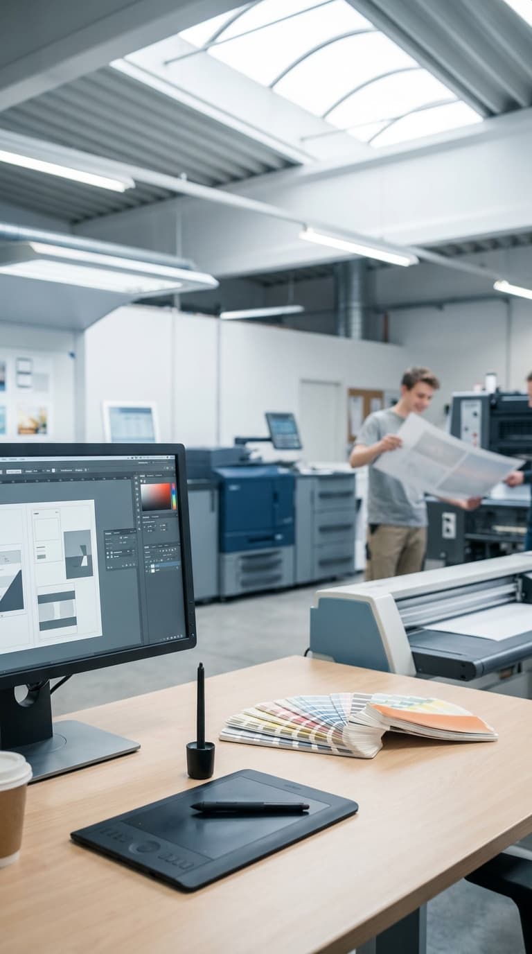 Arbeitsplatz der Mediengestaltung mit Grafiktablett; im Hintergrund prüft ein Kollege einen Druckbogen.