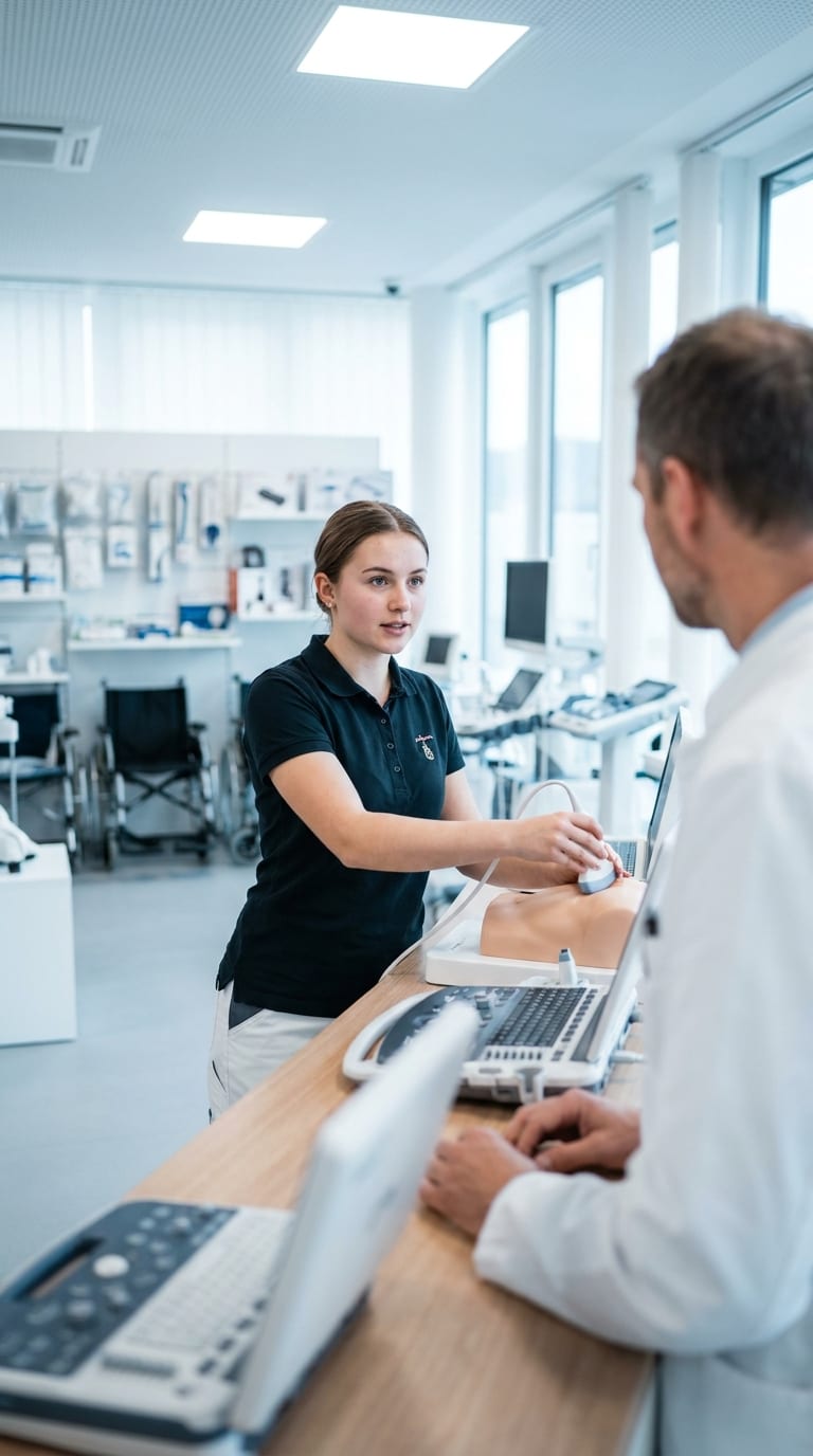 Lehrling übt eine Ultraschalluntersuchung an einer medizinischen Puppe unter Anleitung eines Arztes.